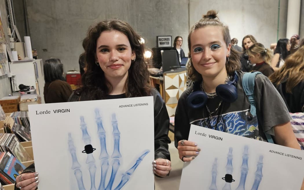 Huia Sinclair and Xanthe Roper at a Lorde listening party at Flying Nun in Christchurch.