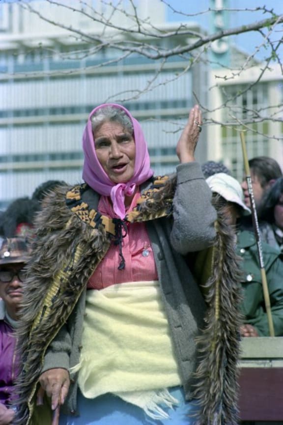 Whina Cooper addressing Maori Land March at Hamilton.
