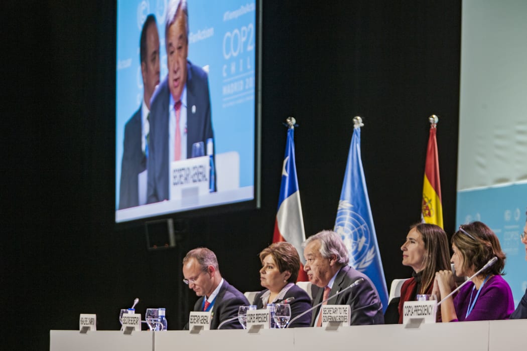 Antonio Guterres, Secretary General of UN (centre), talks during the High Level Global Climate Action Event in the COP25 Summit, Madrid.