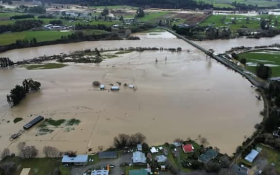 An aerial view of the flooding in Tapawera on the afternoon of 27 June 2025.