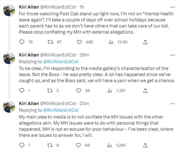 The tweets Cabinet Minister Kiri Allan posted after Prime Minister Chris Hipkins' comments during the post-Cabinet media briefing on Monday.