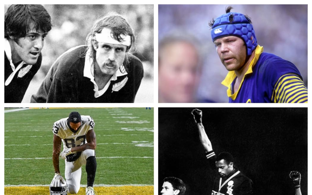 From top left: Bryan Williams and Bob Burgess, Josh Kronfeld, Tommie Smith and Darren Waller