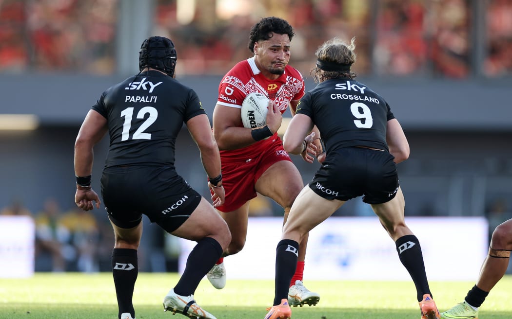 Eliesa Katoa of Tonga (C) during New Zealand Kiwis v Tonga XIII, round 3 of the Pacific Championships at Eden Park, Auckland, New Zealand on Sunday 2 November 2025.
Photo: Fiona Goodall / Photosport