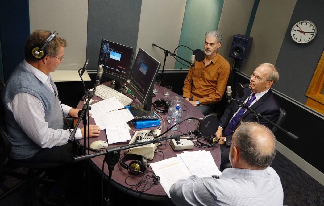 The Outspoken panel from left Todd Niall; Transportblog's Patrick Reynolds, Mayor Len Brown and David Shand, chair of the 2007 review of local body funding.