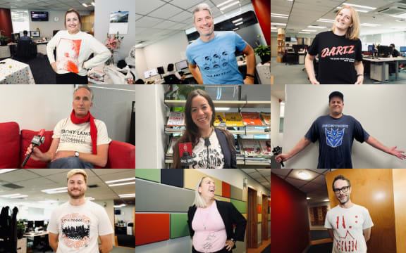 RNZ team members wearing a NZ music T-shirt for NZ Music T-shirt Day 2024