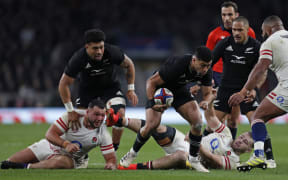 All Black Richie Mo'unga on the ball during the Autumn Nations Series International rugby union match between England and New Zealand at Twickenham stadium.