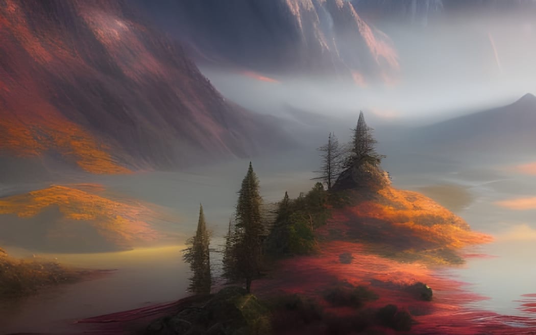 This landscape mountain image has been generated by the AI software Nightcafe.