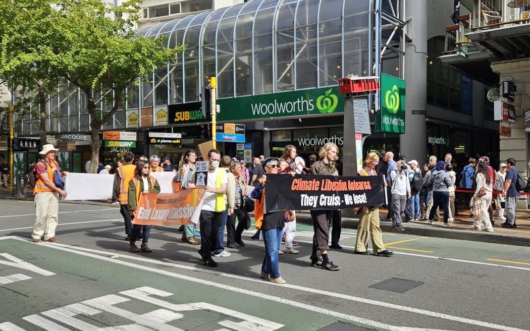 Members of Climate Liberation Aotearoa protest in Wellington CBD on 9 April 2024.