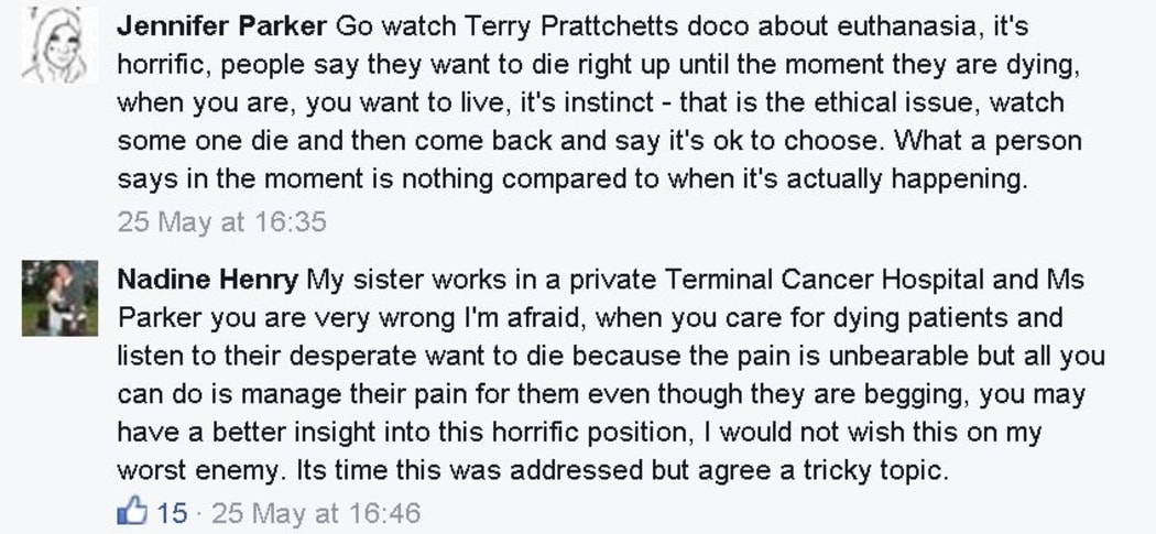 Comments on RNZ Facebook about Lecretia Seales' case at the High Court to request the right to die.