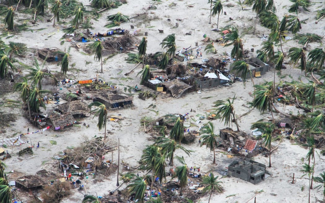 This aerial photograph shows the damaged communities in Macomia district, Mozambique following the destruction by Cyclone Kenneth.