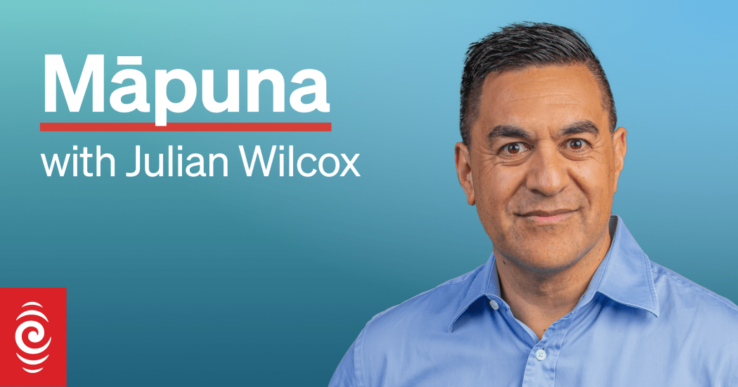Host Julian Wilcox on a soft teal background with the title of the programme "Māpuna" and an RNZ logo