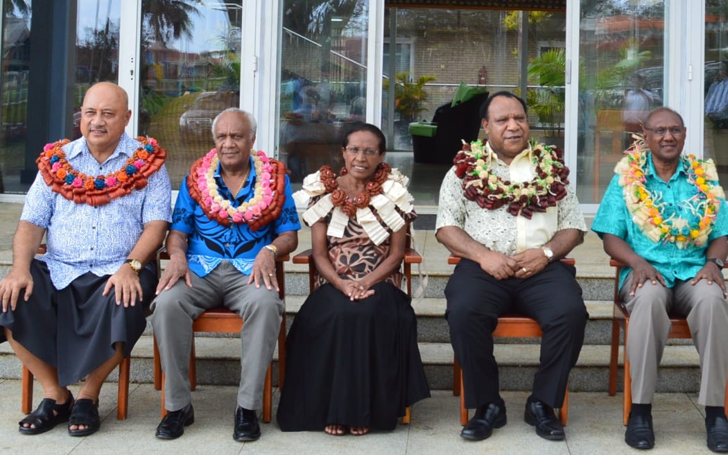 Left to Right: Fiji foreign minister, Ratu Inoke Kubuabola; Vanuatu foreign minister, Sato Kilman Livtunvanu; MSG Foreign Ministers Meeting Chairlady, Madam Caroline Machoro-Reignier; PNG foreign minister, Rimbink Pato; and Solomon Islands foreign minister, Milner Tozaka.