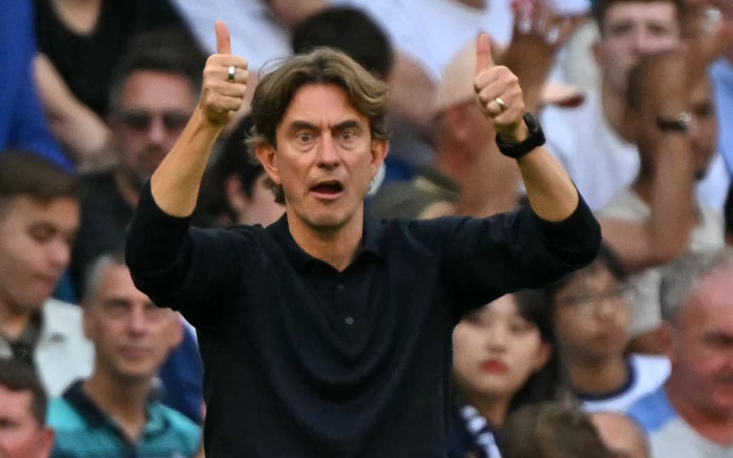 Brentford's Danish head coach Thomas Frank gestures on the touchline during the English Premier League football match against Tottenham Hotspur in London on September 21, 2024.
