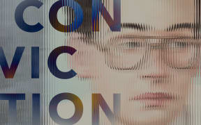 An illustrated portrait of Peter Ellis that looks distorted by glass. A bold 'CONVICTION' sits on top.