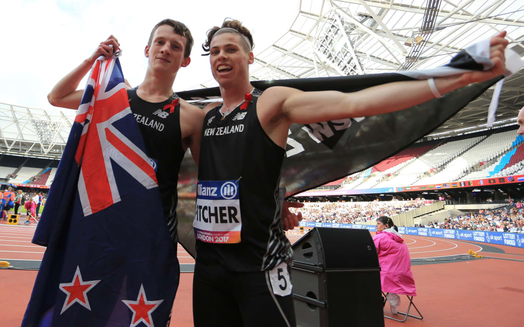 Keegan Pitcher (left) and William Stedman celebrate winning silver and bronze in the T36 800m final