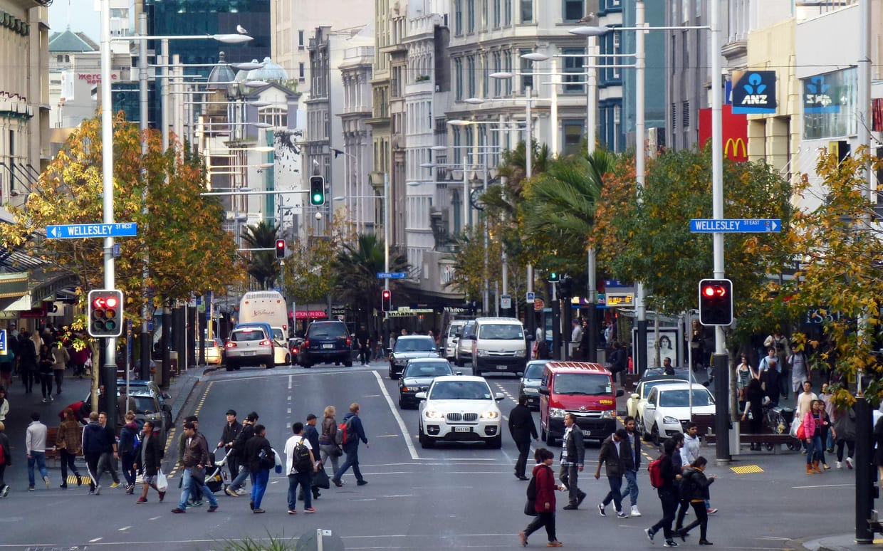 280214. Photo Todd Niall / RNZ. Auckland's Queen Street cnr Wellesley.