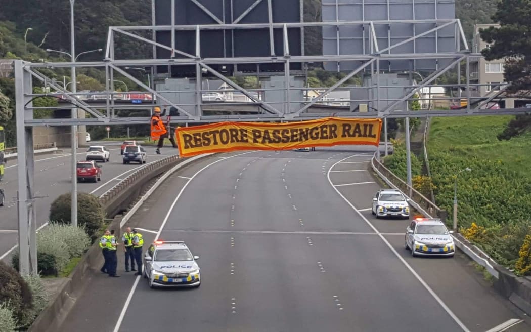 A protest banner, hung across State Highway 1 in Wellington.