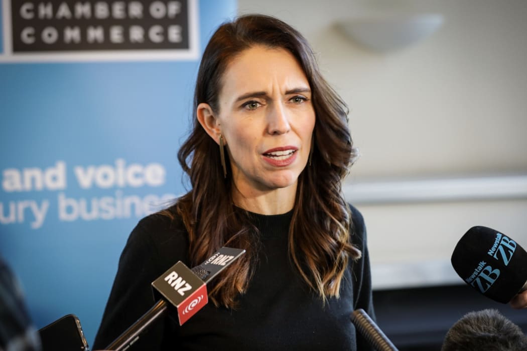 Jacinda Ardern speaking to the media on 26 May 2021 after a post-Budget speech to the Canterbury Employers' Chamber of Commerce.