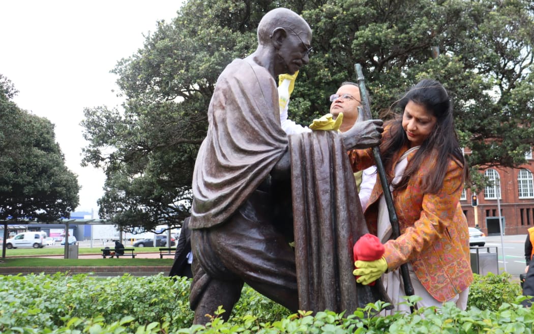 Mahatma Gandhi statue in front of Wellington Railway Station.