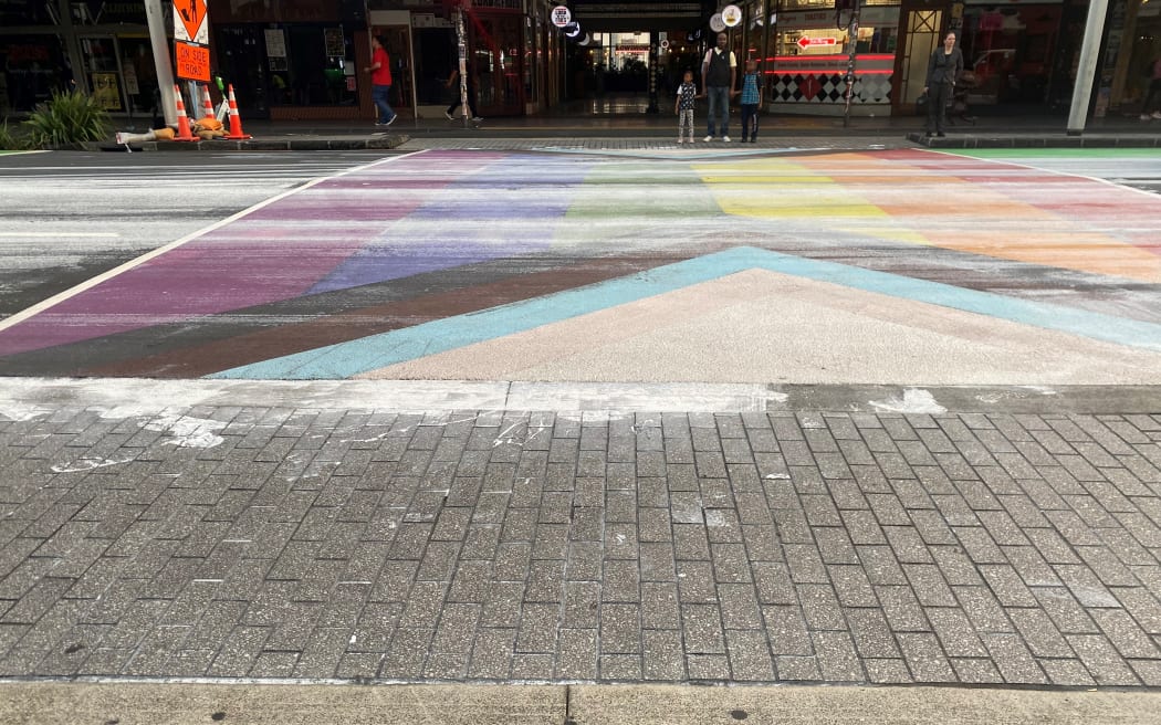 The rainbow crossing on Auckland's K Road was painted over with white paint overnight on 27-28 March 2024.