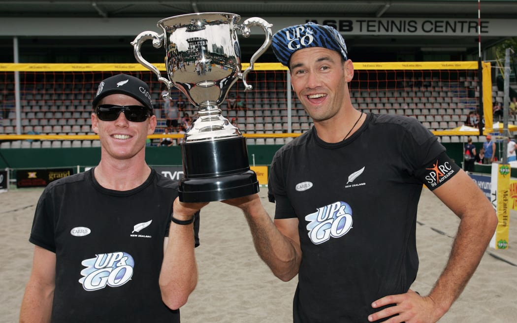 New Zealand's Jason Lochhead (L) and Kirk Pitman with the winners cup. New Zealand Open Beach Volleyball Finals. ASB Tennis Centre, Auckland, New Zealand. Sunday 20 January 2008. Photo: Hagen Hopkins/PHOTOSPORT
