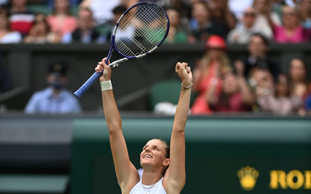 Czech Republic's Karolina Pliskova celebrates her win against Belarus's Aryna Sabalenka during their women's semi-final match on the tenth day of the 2021 Wimbledon Championships at The All England Tennis Club in Wimbledon, southwest London, on July 8, 2021.