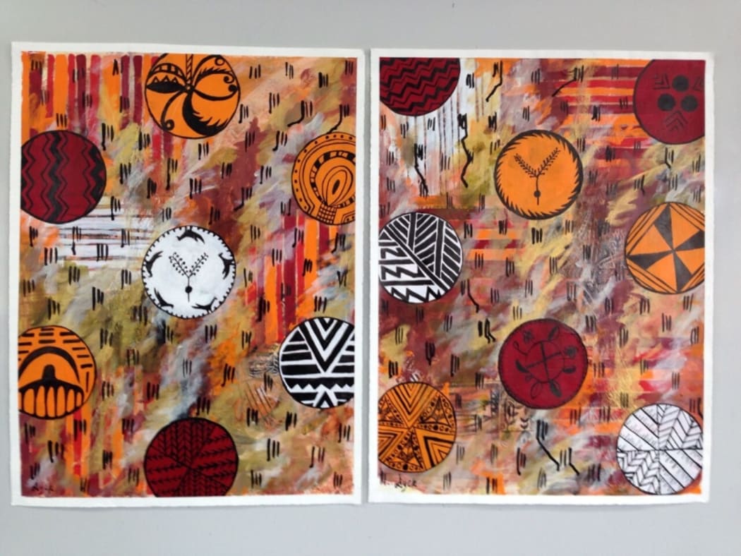 Two paintings by artist Dagmar Dyck called Encircled Lines II and Encircled Lines I.