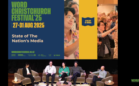 Paul Thompson (second left) at a 'State of the Media' discussion during the Word festival in Christchurch last Friday - and event publicised with the image of a newspaper on fire.