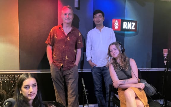 India Meets Ireland: Father daughter duos from left, Sargam Madhur, Jon Sanders, Basant Madhur, and Jenny O'Shea Sanders live in the Auckland studio.