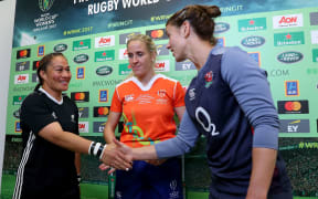 2017 Rugby World Cup final, Black Ferns captain Fiao'o Faamausili, referee Joy Neville and England captain Sarah Hunter.