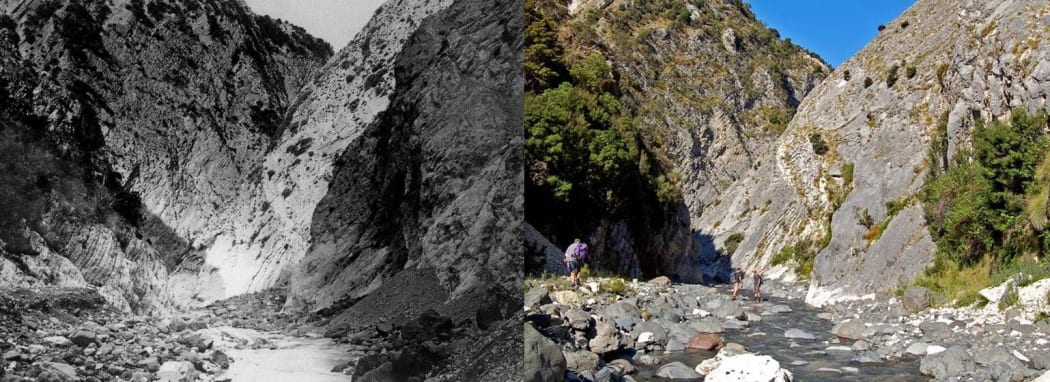 The image on the left was taken in 1885
by geologist and photographer Alexander McKay (who made his own lenses by grinding down bottle ends). James Crampton returned to the same spot in 2008.