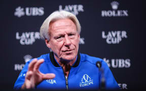 Head coach of Team Europe, former Swedish tennis player Bjorn Borg, holds a press conference during the Tennis Laver Cup in Berlin, Germany on September 20, 2024. (Photo by Ronny HARTMANN / AFP)