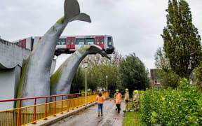 A metro train shot through a stop block at De Akkers metro station and was prevented from plummeting by a sculpture of a whale tail on November 2, 2020.
