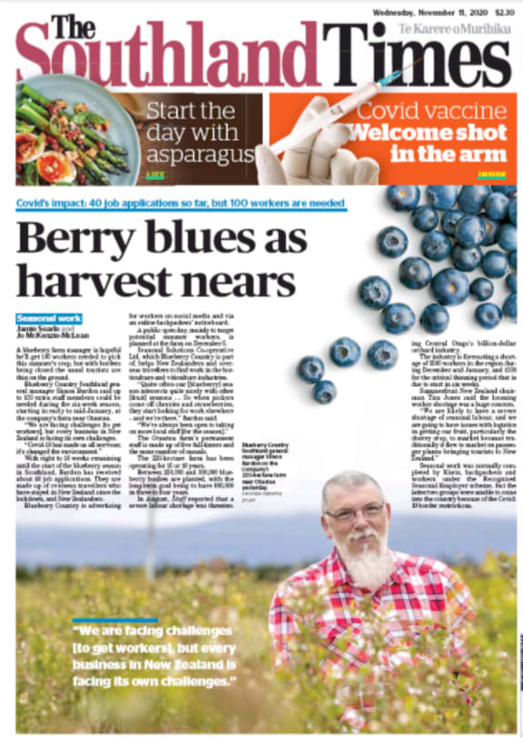 The fruitpicking labour shortage on last Wednesday's Soutland Times front page.