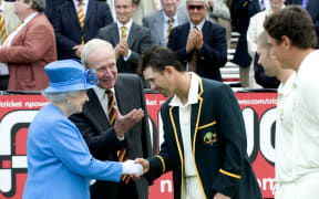 Queen Elizabeth II is introduced to Australian cricket captain Ricky Ponting by then MCC President Derek Underwood, 2009.