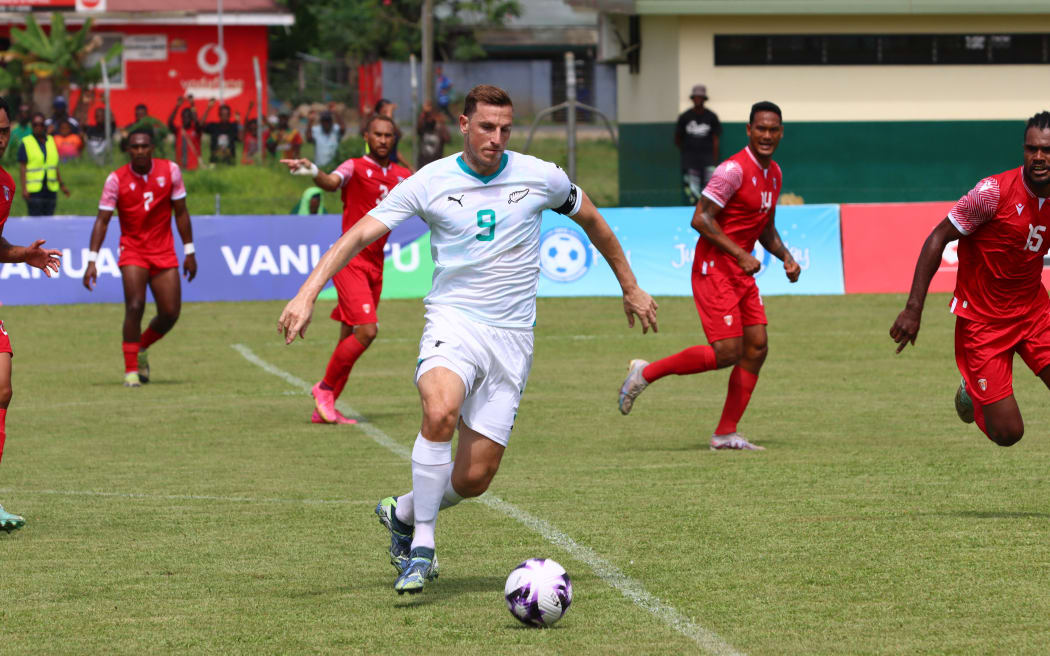 Chris Wood attacks for the All Whites against Tahiti in the first round of Oceania football qualifiers in Vanuatu, October 2024.