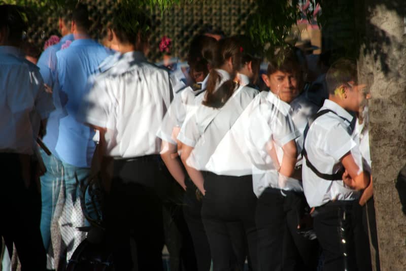 Children gathered outside school.