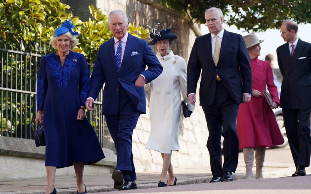 Britain's King Charles III (2L) and Britain's Camilla, Queen Consort (L) walk with Britain's Princess Anne, Princess Royal (C), Britain's Prince Andrew, Duke of York (3R), Britain's Sophie, Duchess of Edinburgh (2R) and Britain's Prince Edward, Duke of Edinburgh as they arrive for the Easter Mattins Service at St. George's Chapel, Windsor Castle on 9 April, 2023.