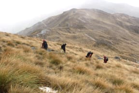 The Tea Bag Team descend the mountain in low cloud and rain.
