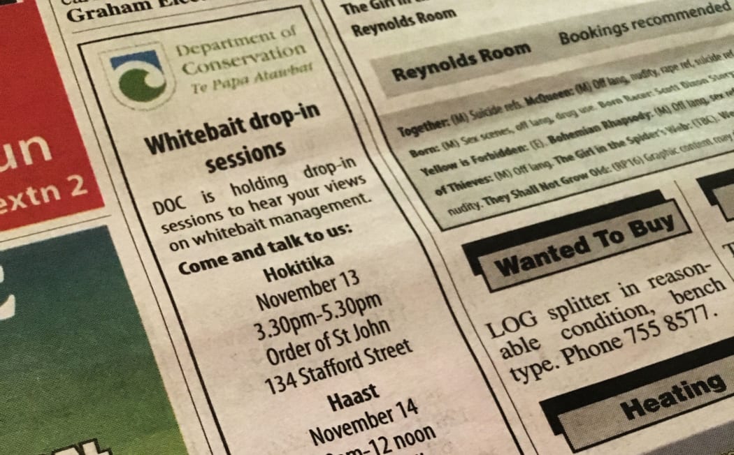 A notice in the Hokitika Guardian informing locals of the whitebaiting drop-in sessions