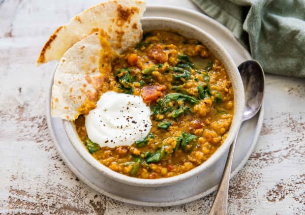 Red lentil, spinach and tomato dhal.