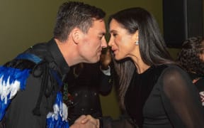 Meghan, Duchess of Sussex is welcomed to the opening of the  'Oceania' exhibition at the Royal Academy of Arts in London with a hongi.