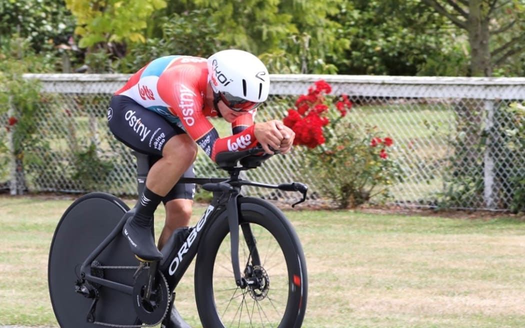 Logan Currie on his way to the men's elite national time trial title.