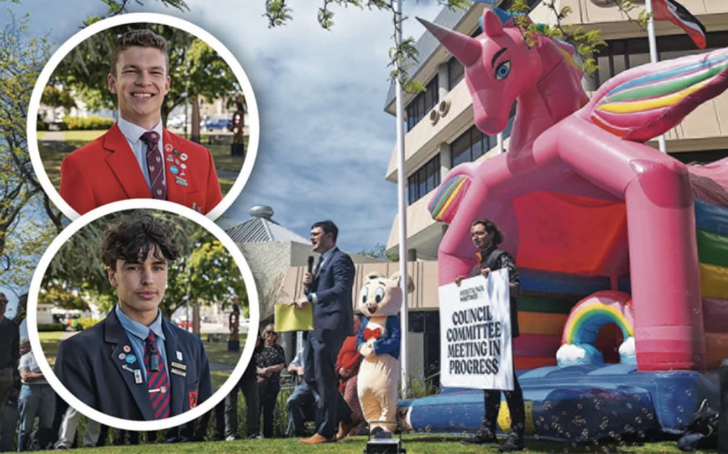 Two young men in uniforms inset on top of a picture of a bouncy castle and a person dressed as a pig.