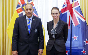 Premier of Niue Dalton Tagelagi and New Zealand Prime Minister Jacinda Ardern during a bilateral meeting at Parliament on 21 July 2022 in Wellington, New Zealand.