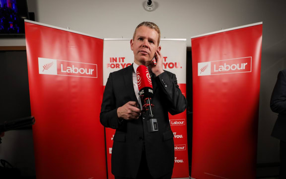 Labour Party leader Chris Hipkins talks to media after the party's major losses in the 2023 election.