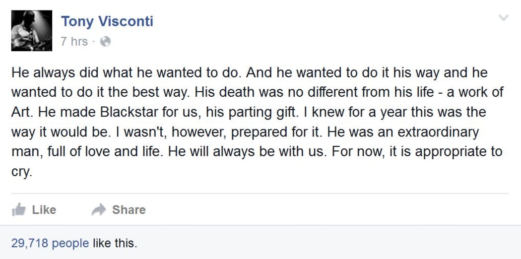 Tony Visconti post on Facebook