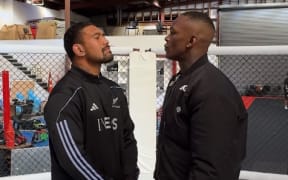 UFC star Israel Adesanya and All Blacks loosie Ardie Savea square off.