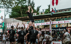 Jack Laity wins lineout ball for the NZ U85kg side against Sri Lanka.
