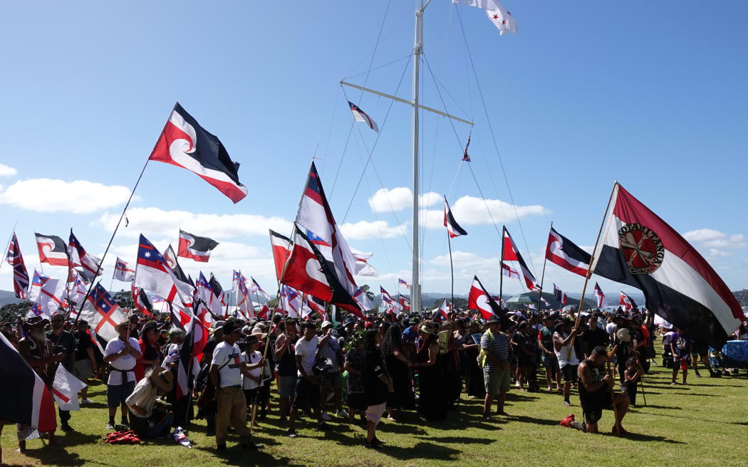 Marchers on the hīkoi from Te Rerenga Wairua (Cape Reinga) arrive at the Treaty Grounds.